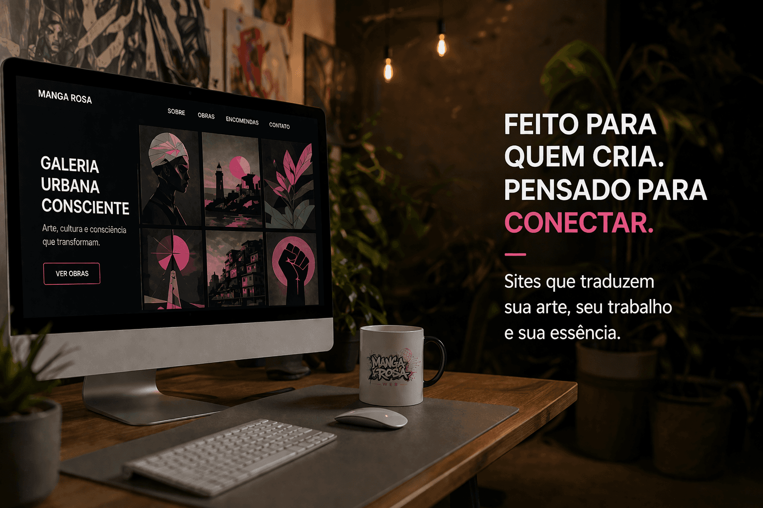 Mockup de site em desktop com layout editorial