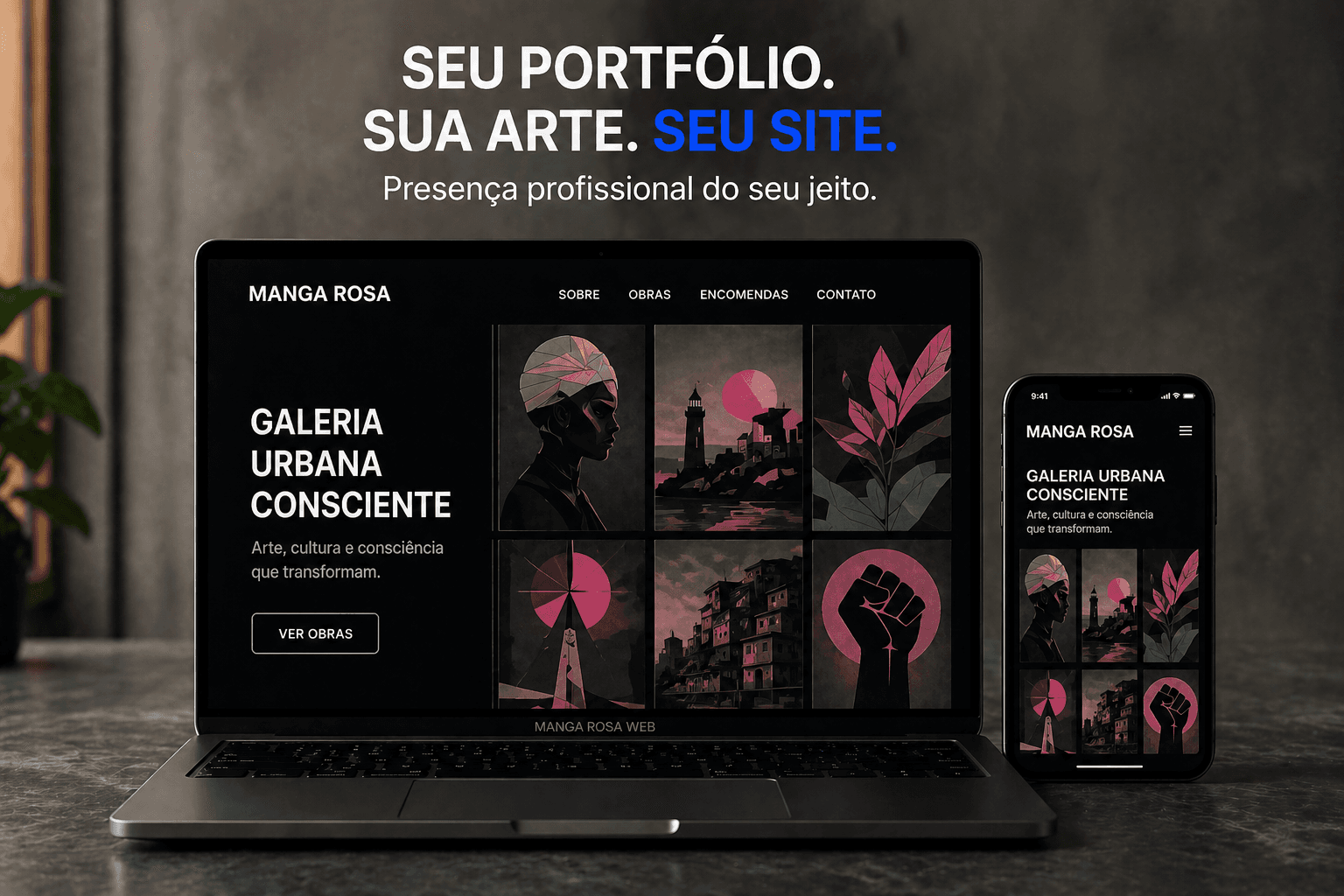 Mockup de site em laptop com foco em obras