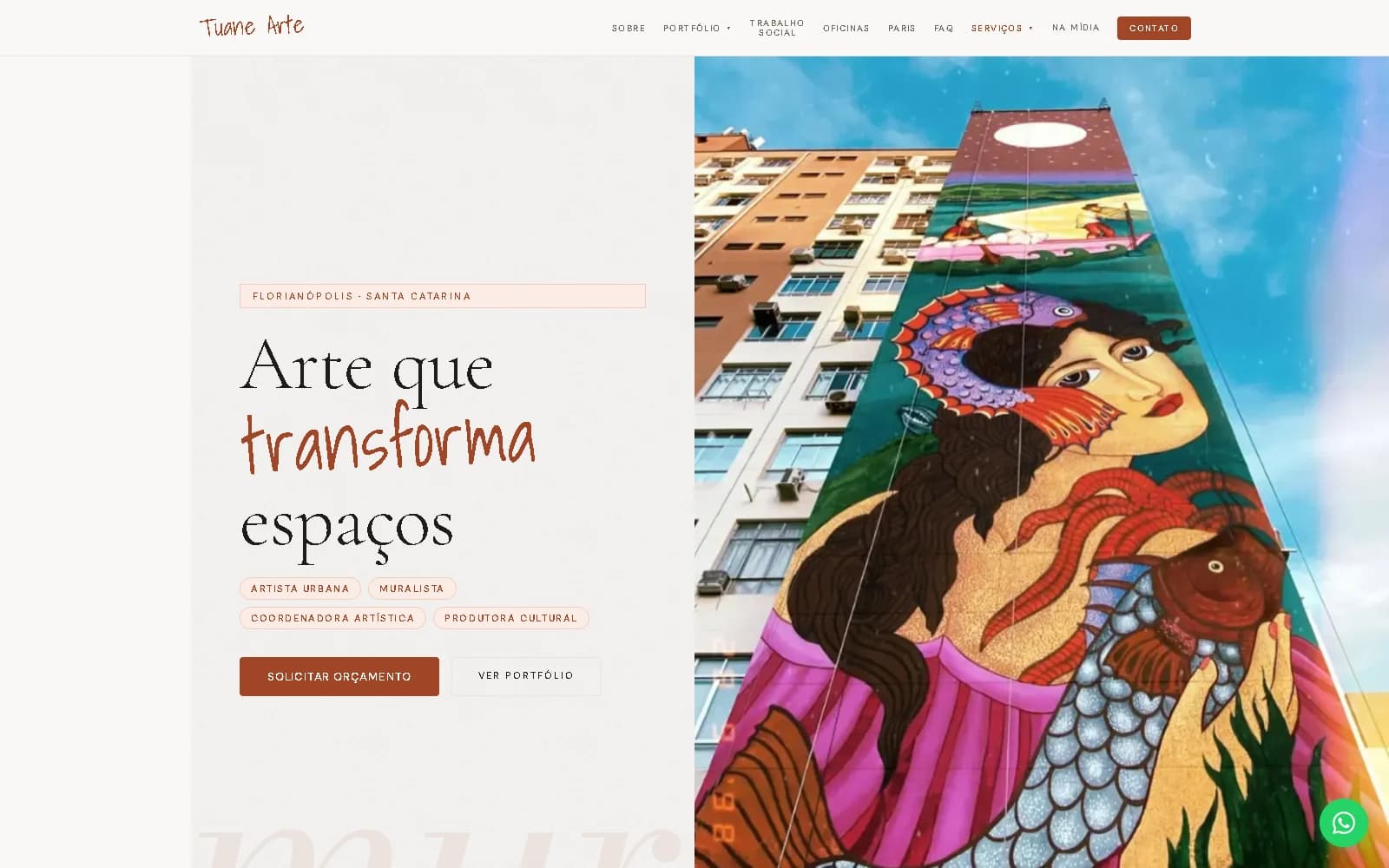 Página inicial do site Tuane Arte em desktop